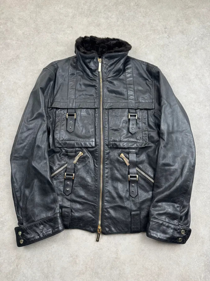 2000s Versace Black Leather Aviator Bomber Jacket xUnbLaG 3