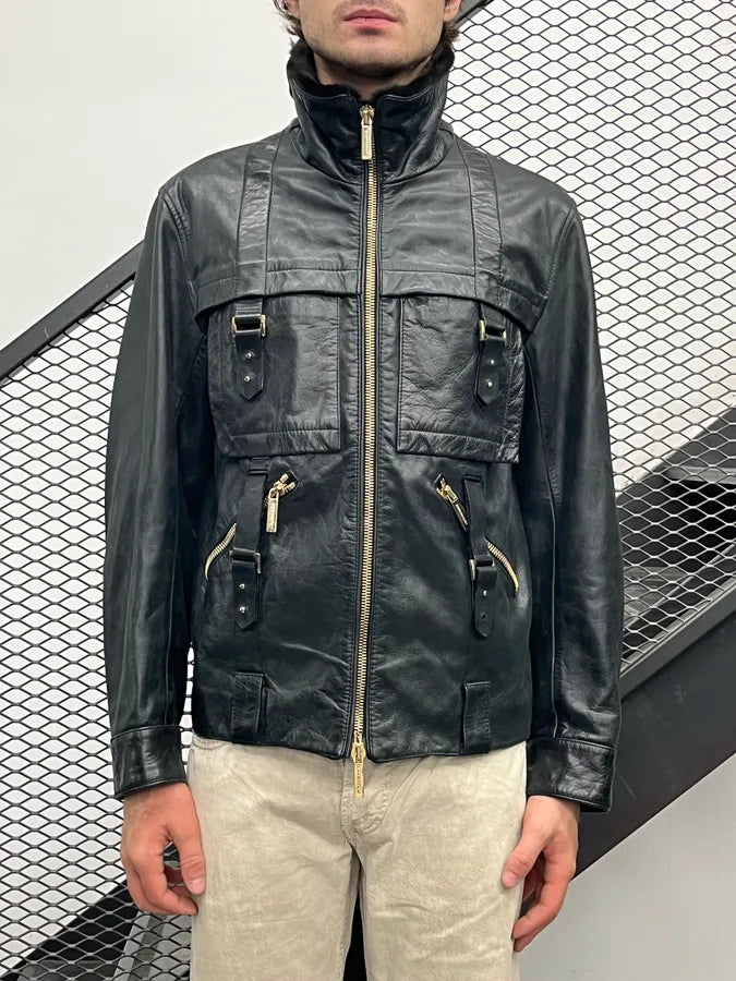 2000s Versace Black Leather Aviator Bomber Jacket xUnbLaG 1