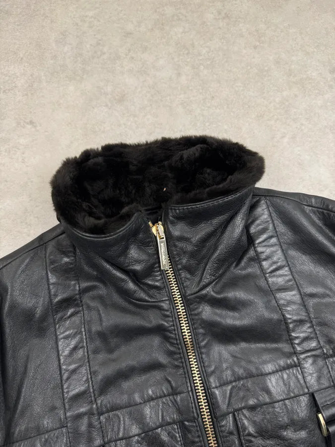 2000s Versace Black Leather Aviator Bomber Jacket xUnbLaG 5