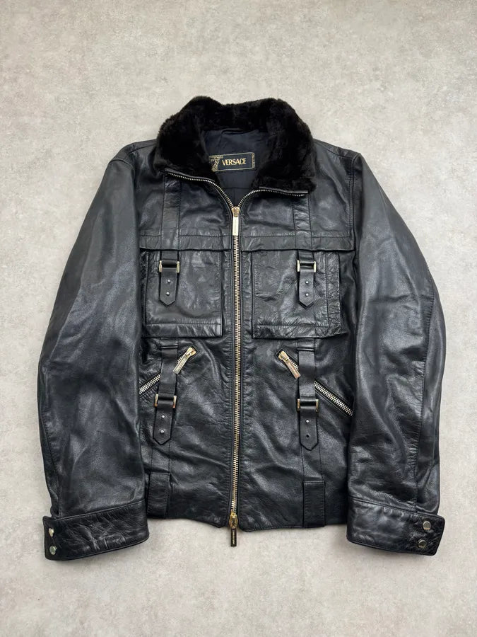 2000s Versace Black Leather Aviator Bomber Jacket xUnbLaG 0