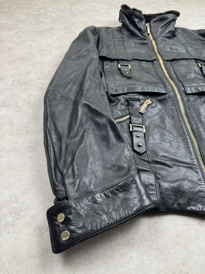 2000s Versace Black Leather Aviator Bomber Jacket xUnbLaG 4