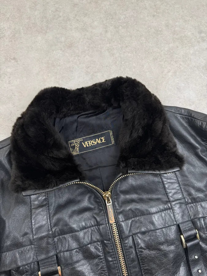 2000s Versace Black Leather Aviator Bomber Jacket xUnbLaG 6
