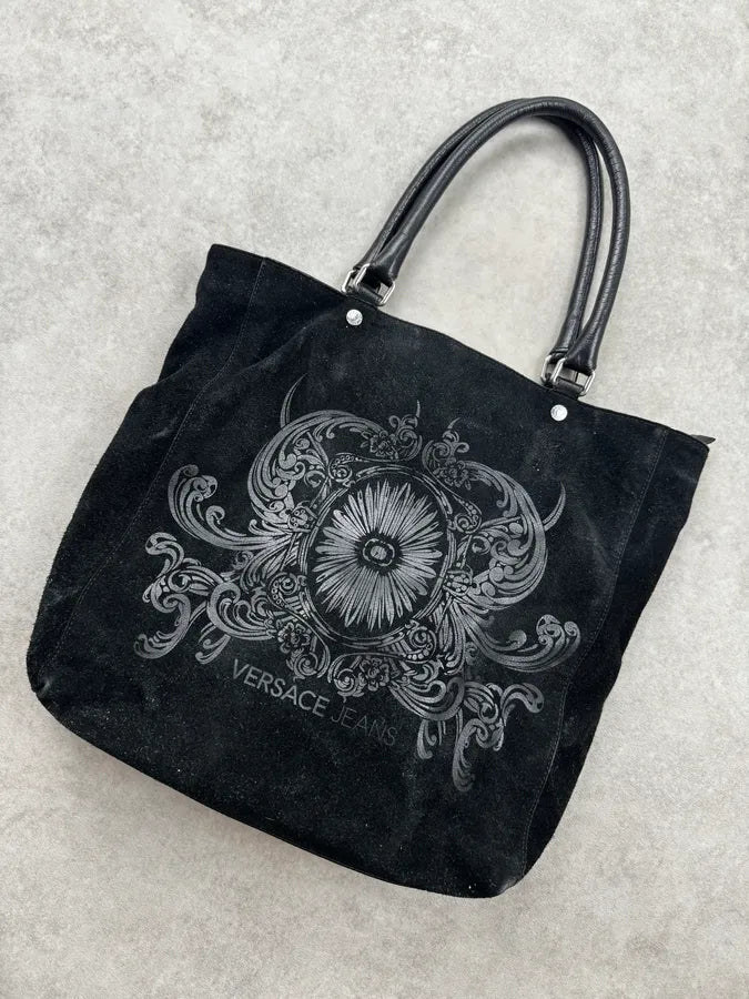 Versace Black Ornamental Baroque Suede Tote Bag wngdMtc 4