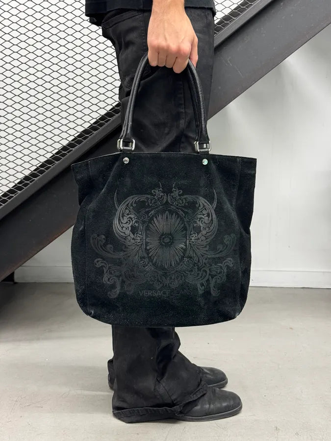 Versace Black Ornamental Baroque Suede Tote Bag wngdMtc 2