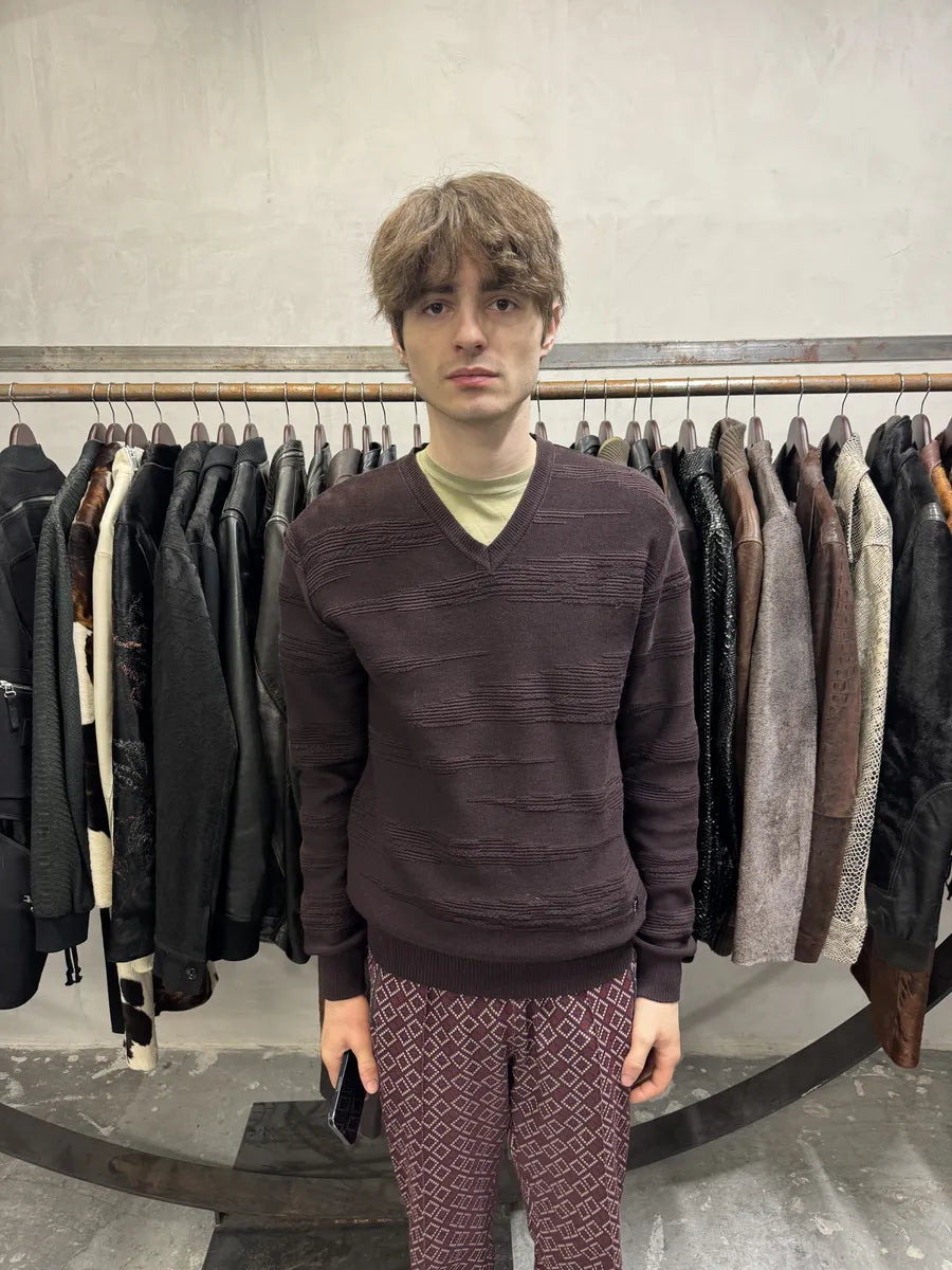 Versace Black V Neck Bordeaux Wool Sweater (M) 2