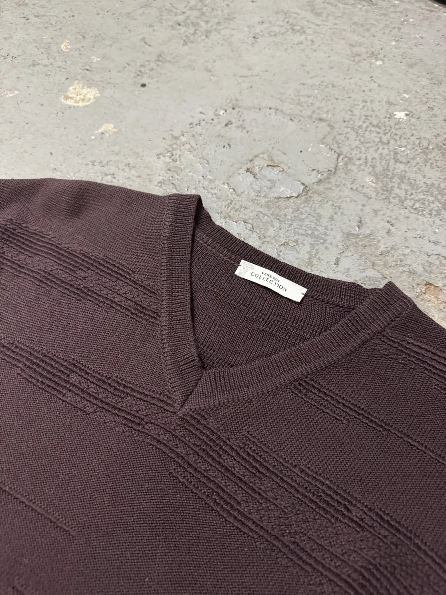 Versace Black V Neck Bordeaux Wool Sweater (M) 6
