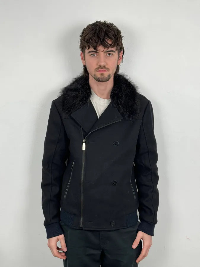 Versace Navy Wool Fur Collar Classy Bomber Jacket cHgauww 1