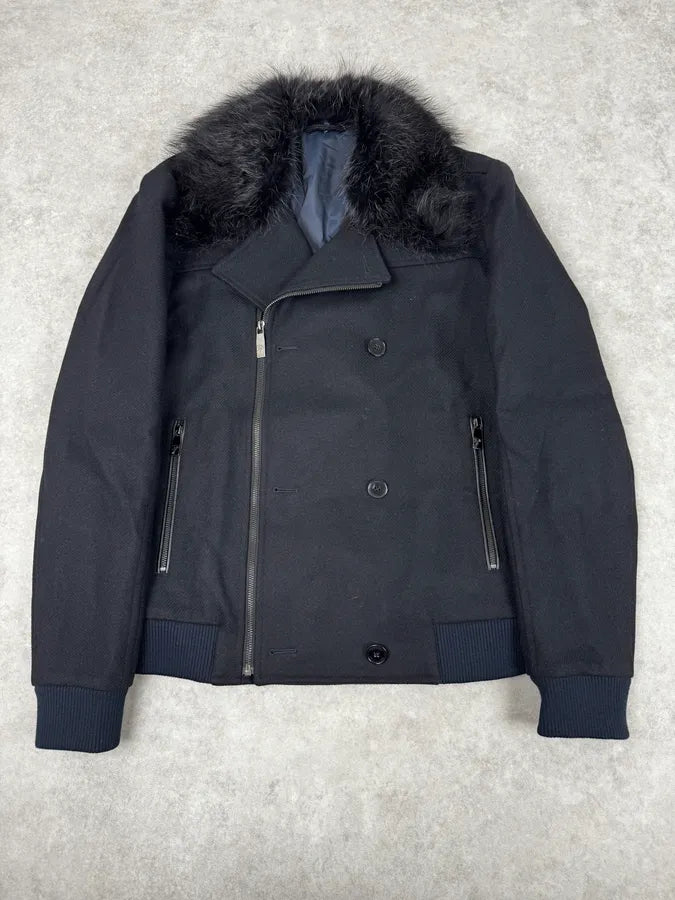 Versace Navy Wool Fur Collar Classy Bomber Jacket cHgauww 0