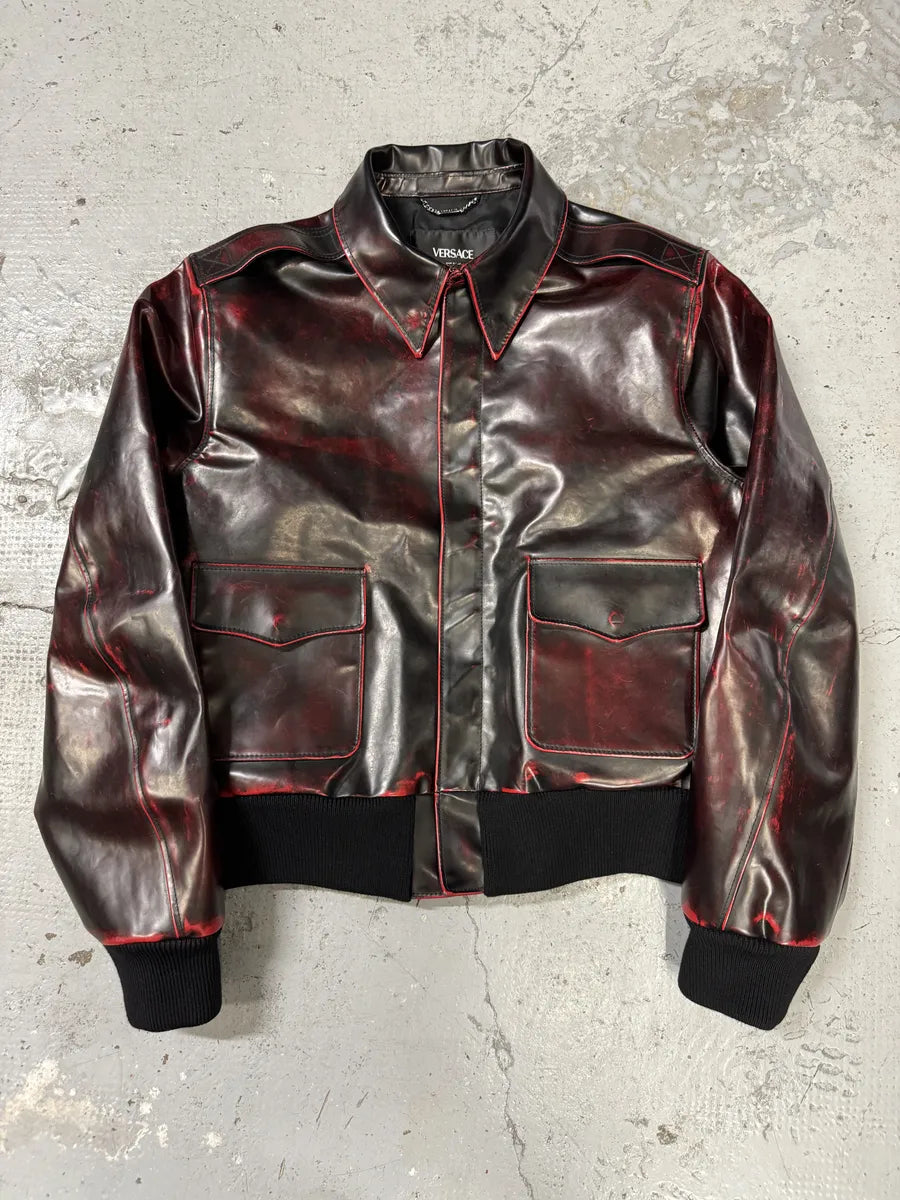 Versace Blood Burgundy & Black Leather Jacket blFHVLe 0