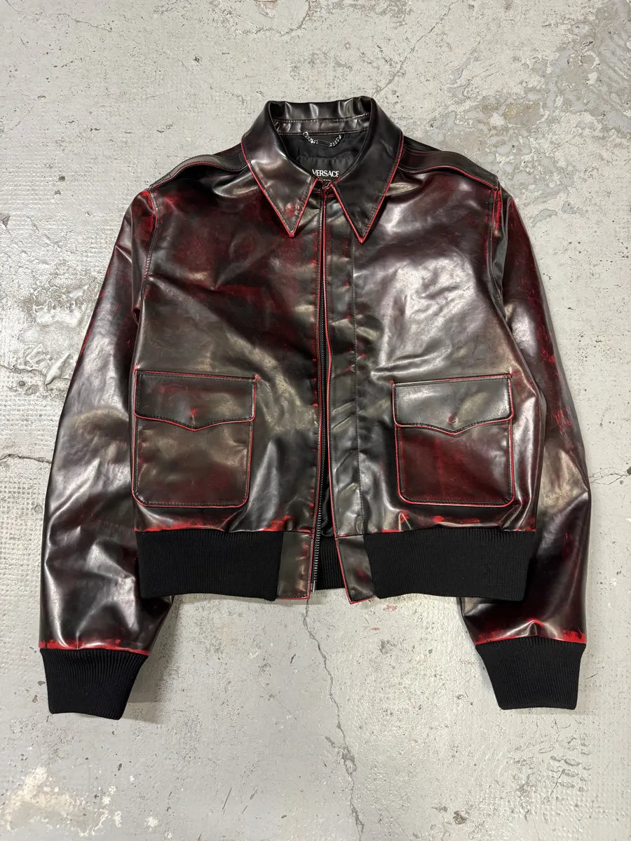 Versace Blood Burgundy & Black Leather Jacket blFHVLe 4