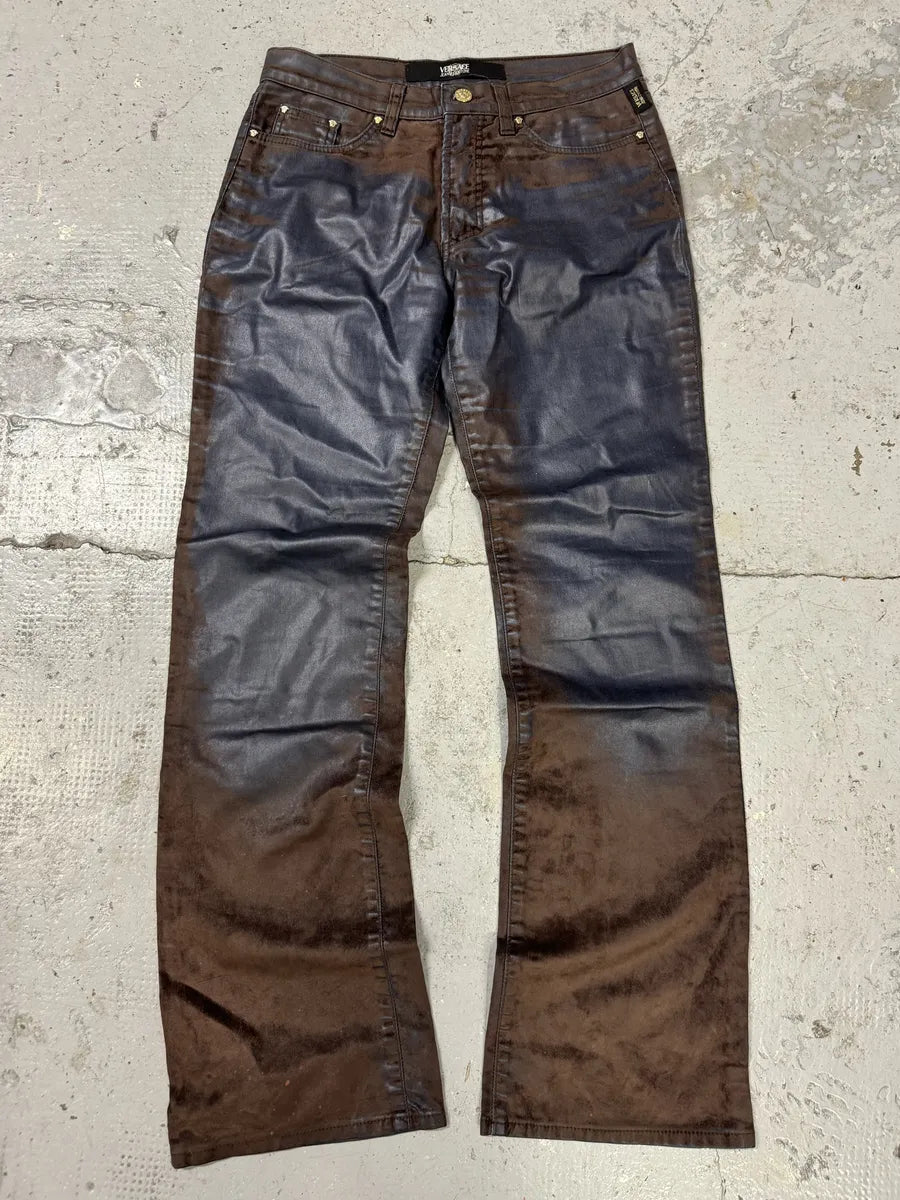 Versace Brown & Navy Waxed Effect Pants nZYvFho 0