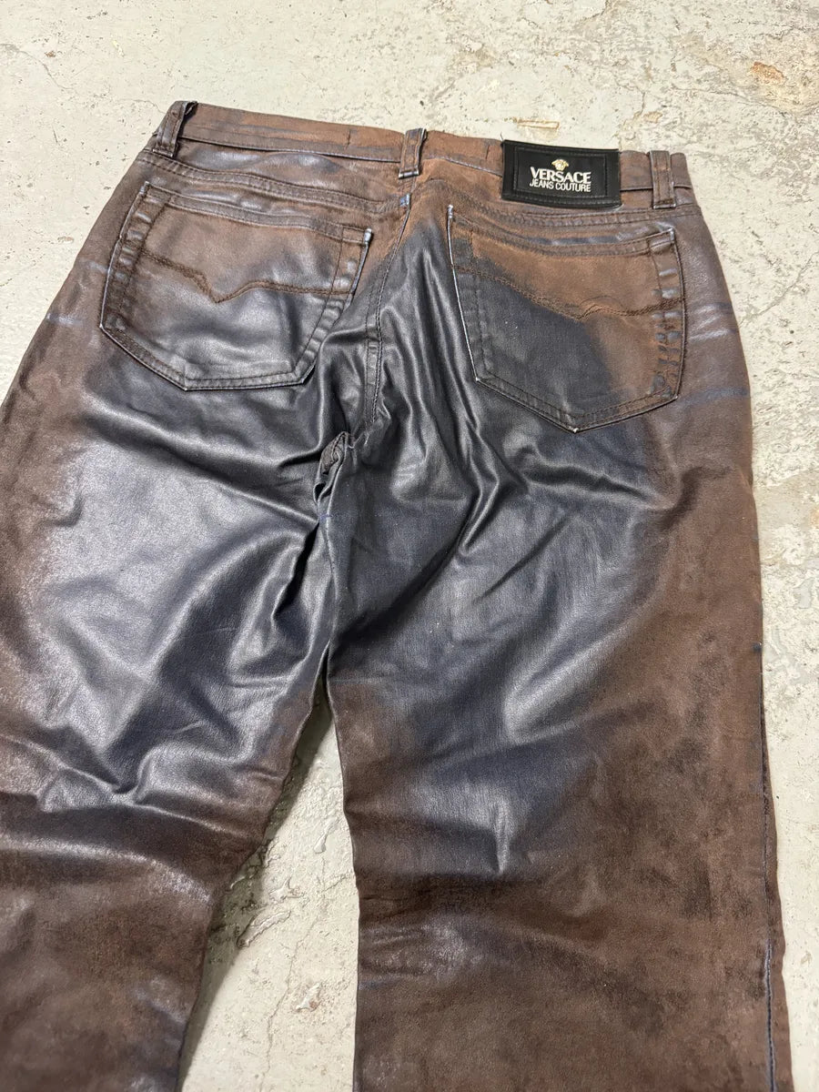 Versace Brown & Navy Waxed Effect Pants nZYvFho 11