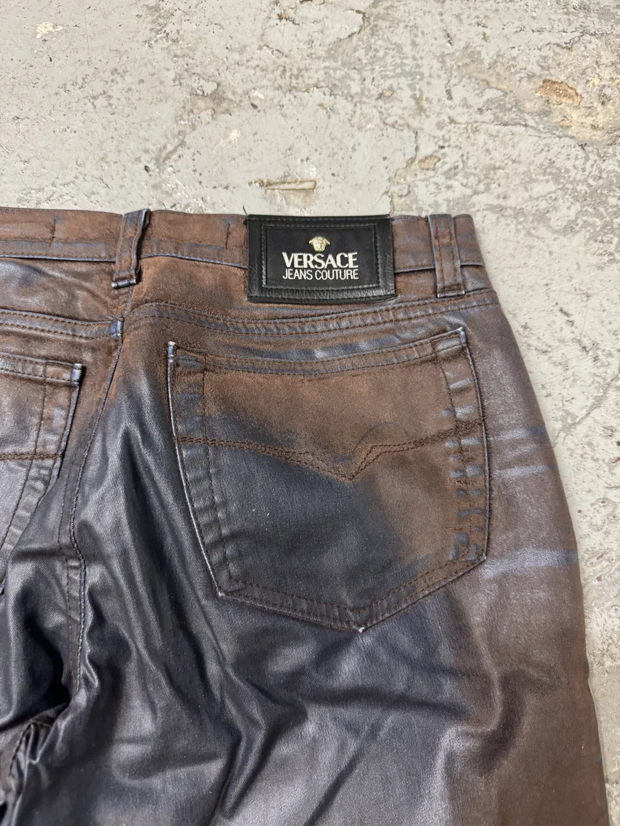 Versace Brown & Navy Waxed Effect Pants nZYvFho 12