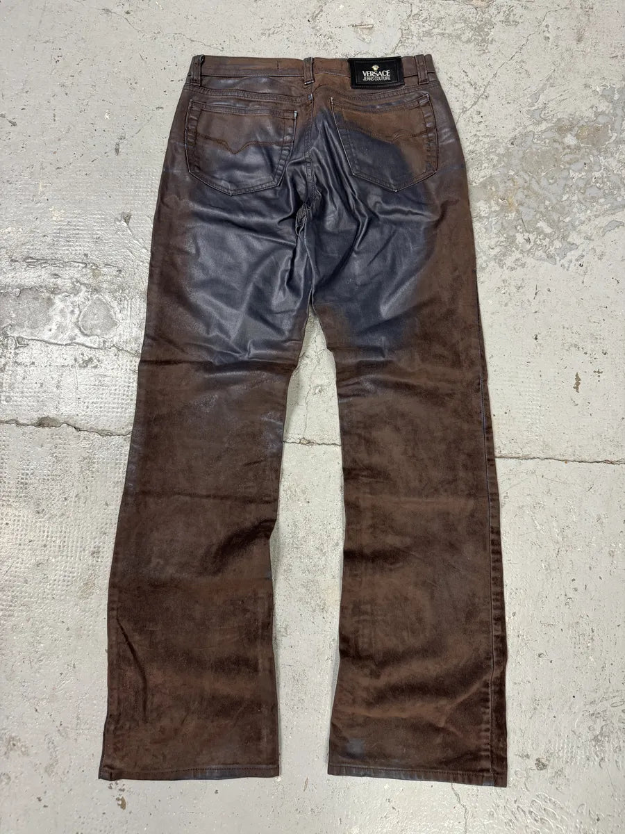 Versace Brown & Navy Waxed Effect Pants nZYvFho 4