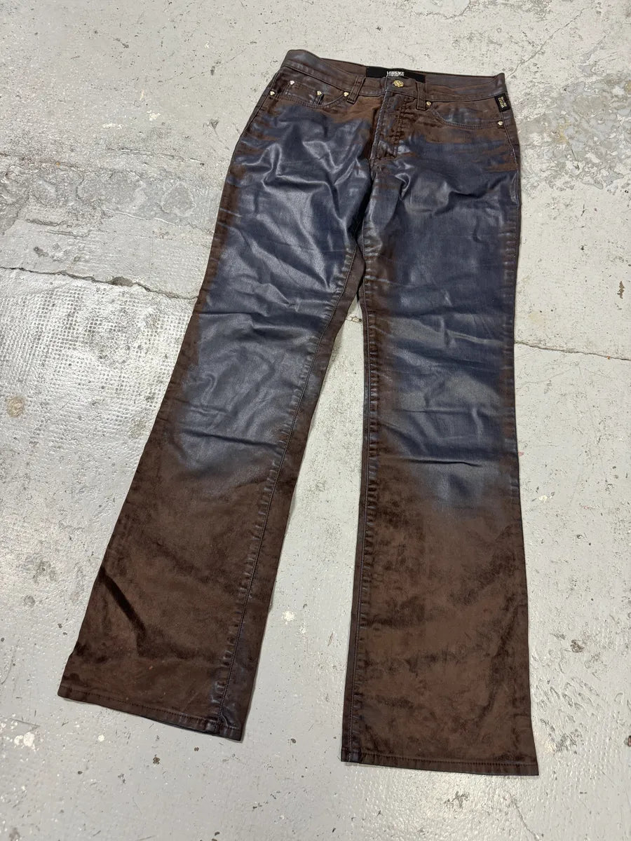 Versace Brown & Navy Waxed Effect Pants nZYvFho 5