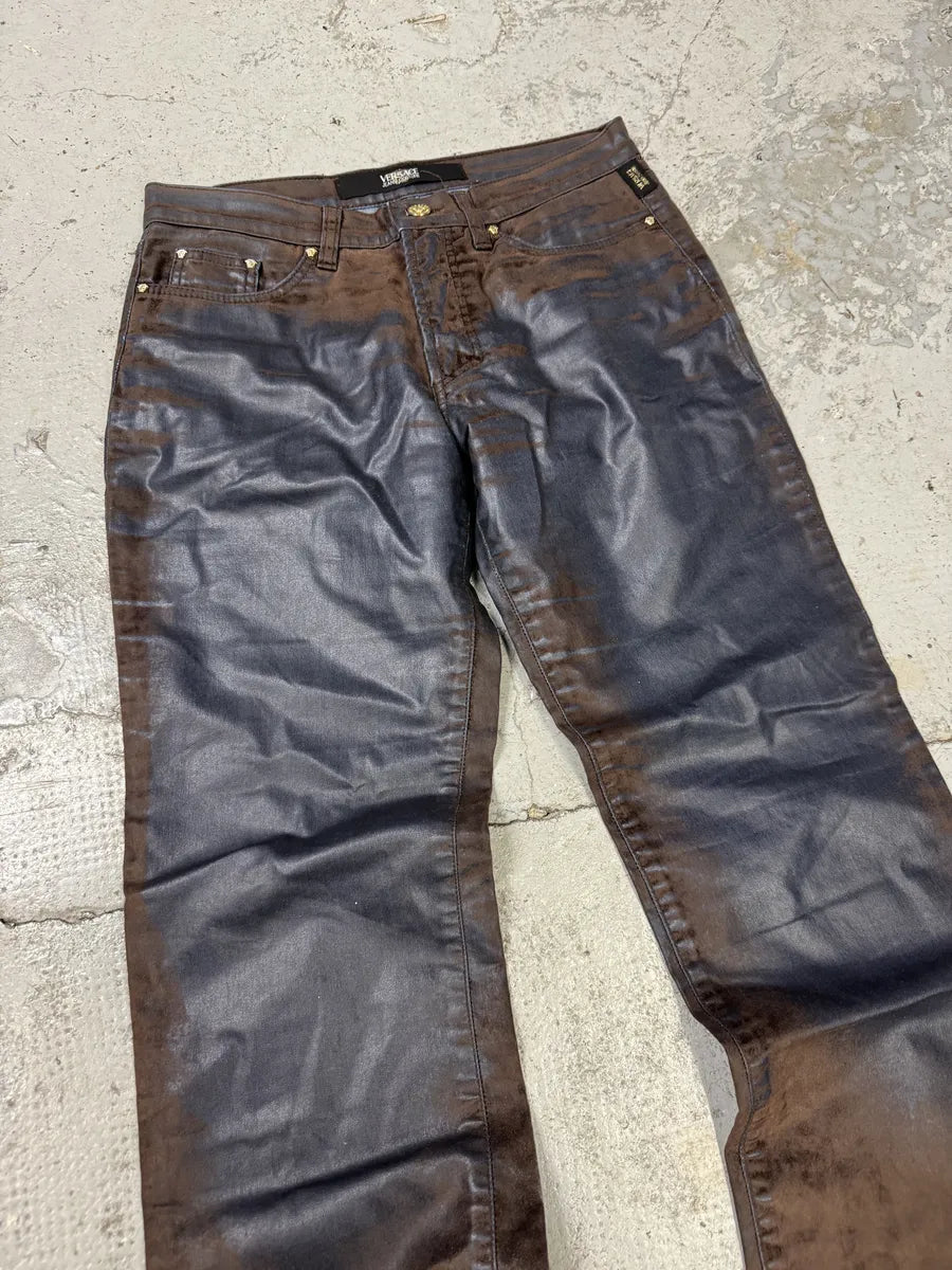 Versace Brown & Navy Waxed Effect Pants nZYvFho 8