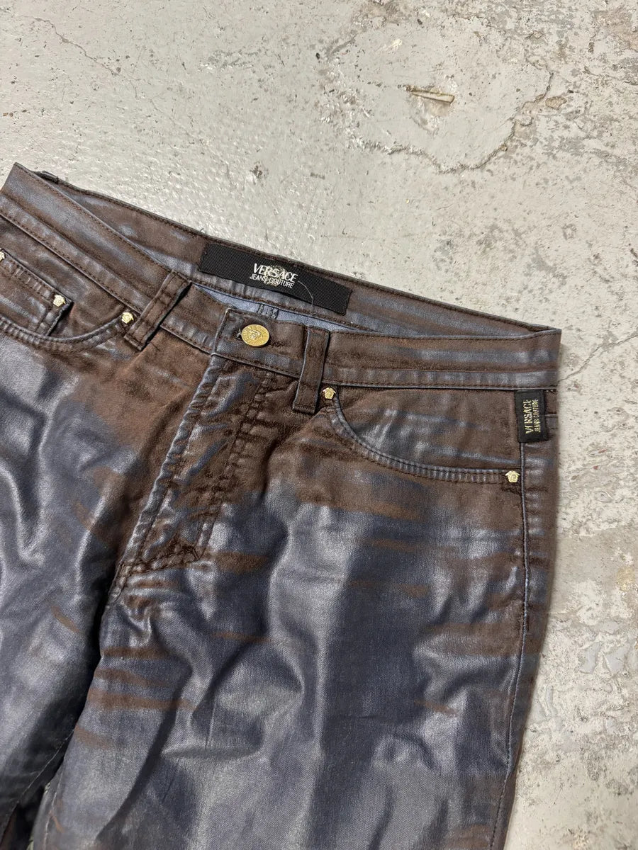 Versace Brown & Navy Waxed Effect Pants nZYvFho 9