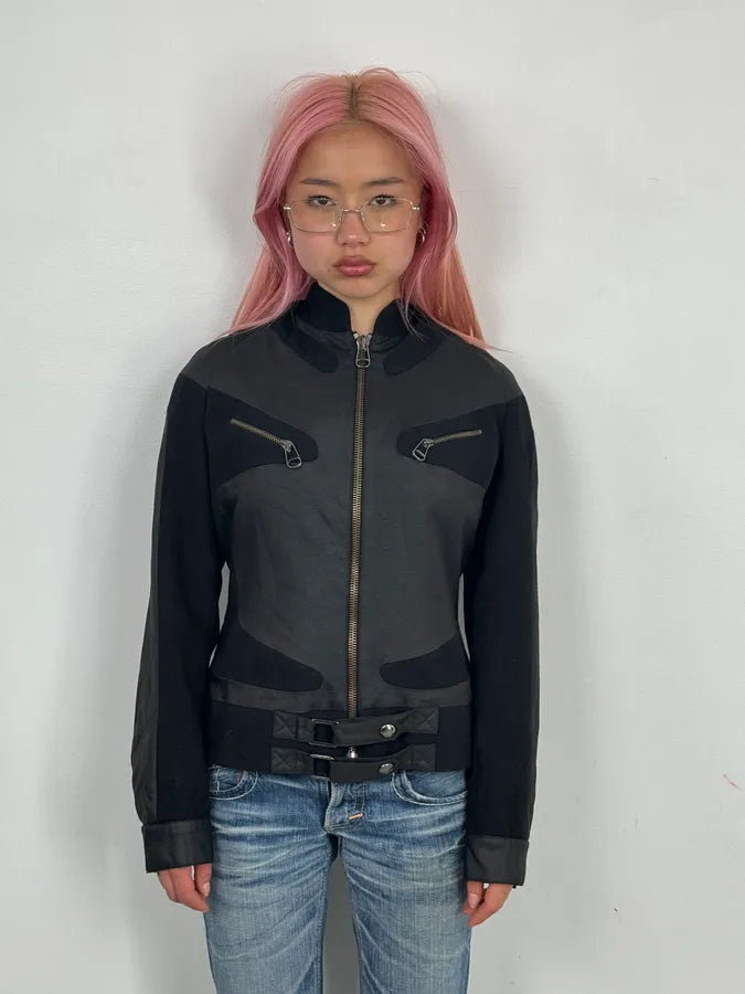 Versace Geometrical Grey & Black Biker Jacket FzNftAd 1