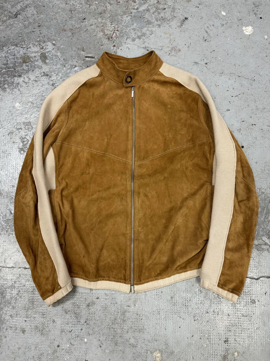 Versace Hybrown Camel Leather & Cotton Zip-up Biker Jacket YCnGUcs 0