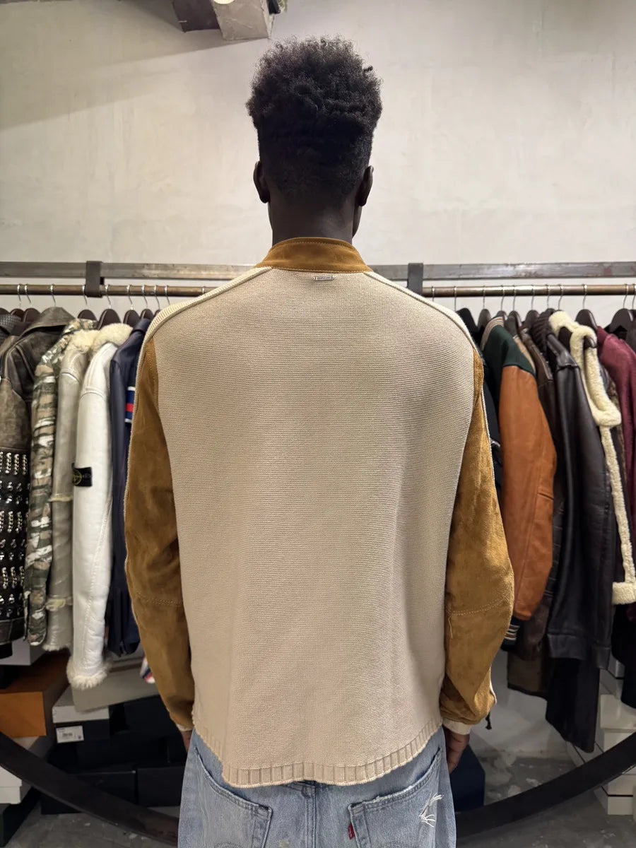 Versace Hybrown Camel Leather & Cotton Zip-up Biker Jacket YCnGUcs 2