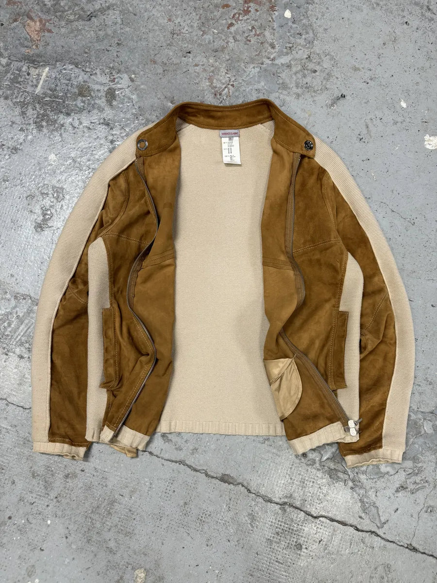 Versace Hybrown Camel Leather & Cotton Zip-up Biker Jacket YCnGUcs 8