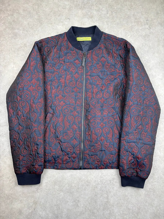 Versace Burgundy Nylon Quilted Baroque Bomber Jacket xzEkgKL 0