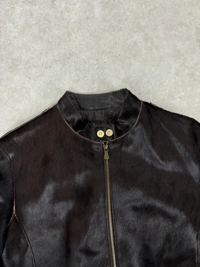 2000s Versace Dark Brown Pony Hair Lace-Back Bomber Jacket  HJMPilY 3