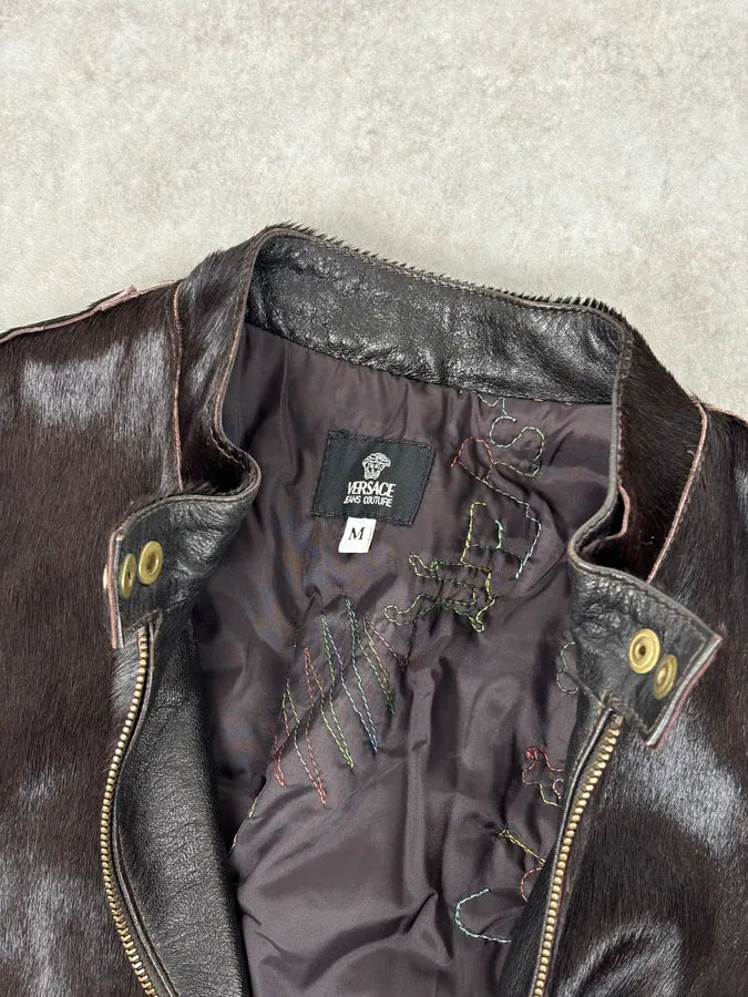 2000s Versace Dark Brown Pony Hair Lace-Back Bomber Jacket  HJMPilY 7