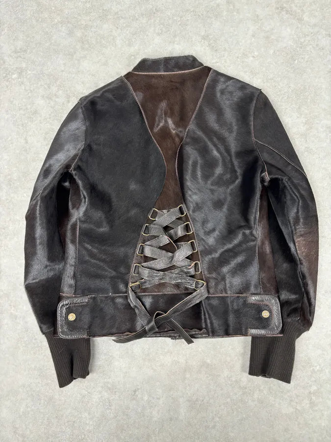 2000s Versace Dark Brown Pony Hair Lace-Back Bomber Jacket  HJMPilY 4