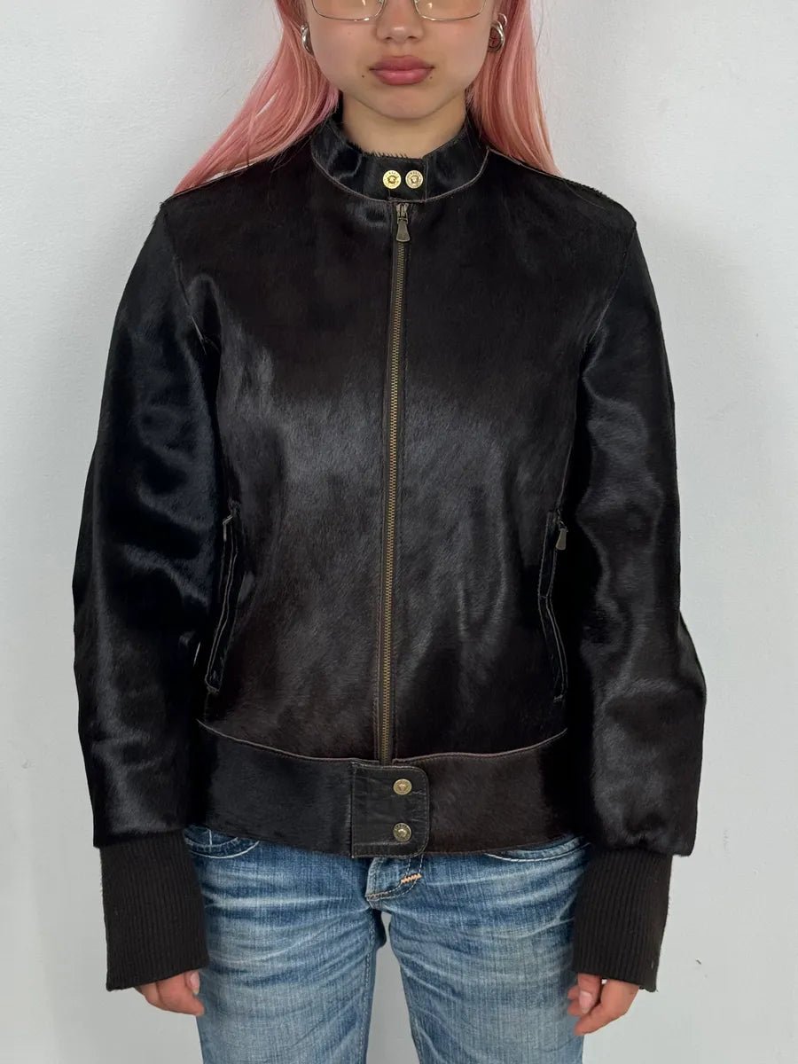 2000s Versace Dark Brown Pony Hair Lace-Back Bomber Jacket  HJMPilY 1