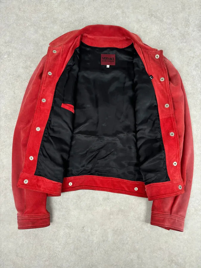 2000s Versace Red Suede Leather Trucker Jacket iGNssER 6