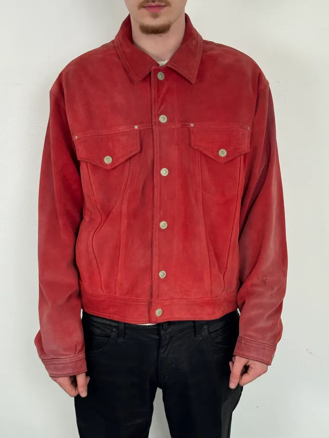 2000s Versace Red Suede Leather Trucker Jacket iGNssER 1