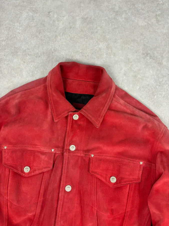 2000s Versace Red Suede Leather Trucker Jacket iGNssER 3