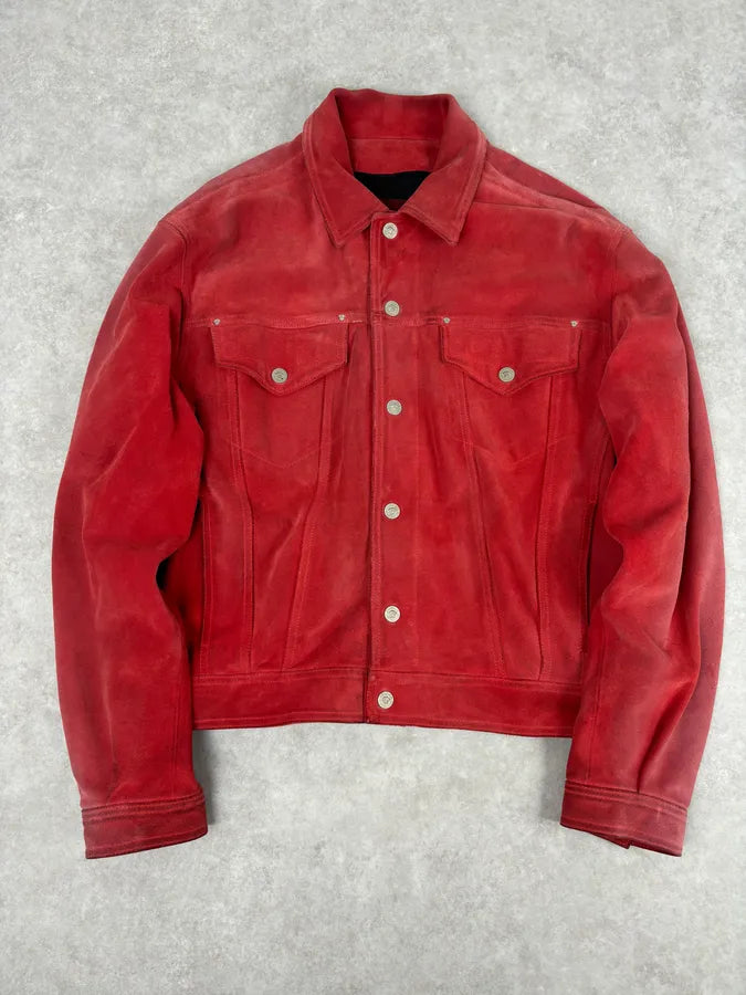 2000s Versace Red Suede Leather Trucker Jacket iGNssER 0