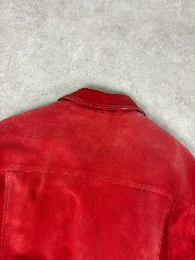 2000s Versace Red Suede Leather Trucker Jacket iGNssER 5