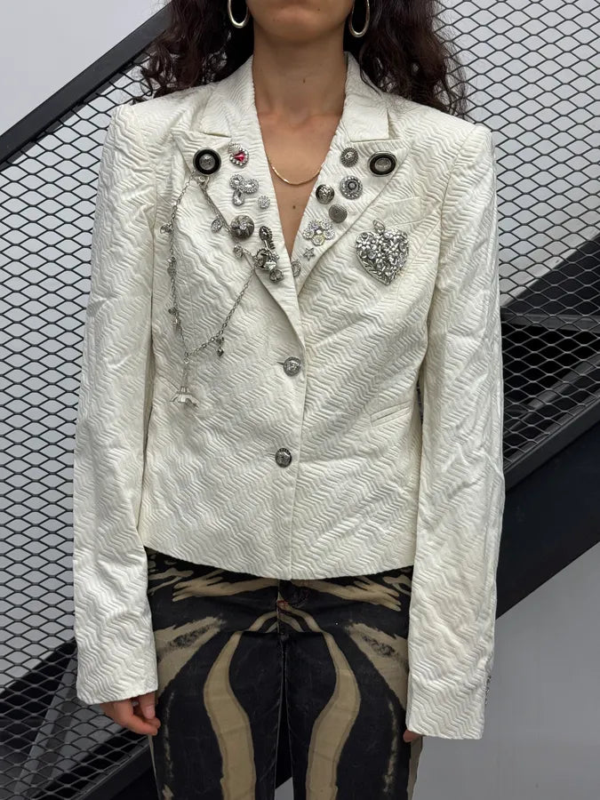 Versace Couture Cream White Wave Embellished Blazer Jacket YTCJLRO 0