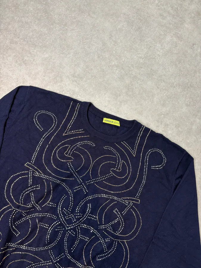 Versace Navy Cotton Rhinestone Embellished Sweater nlPHlXi 3