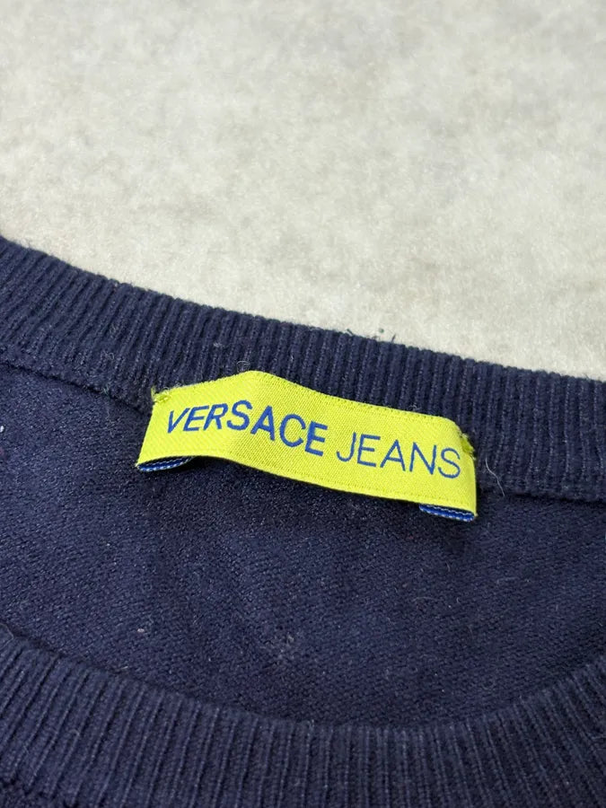 Versace Navy Cotton Rhinestone Embellished Sweater nlPHlXi 9
