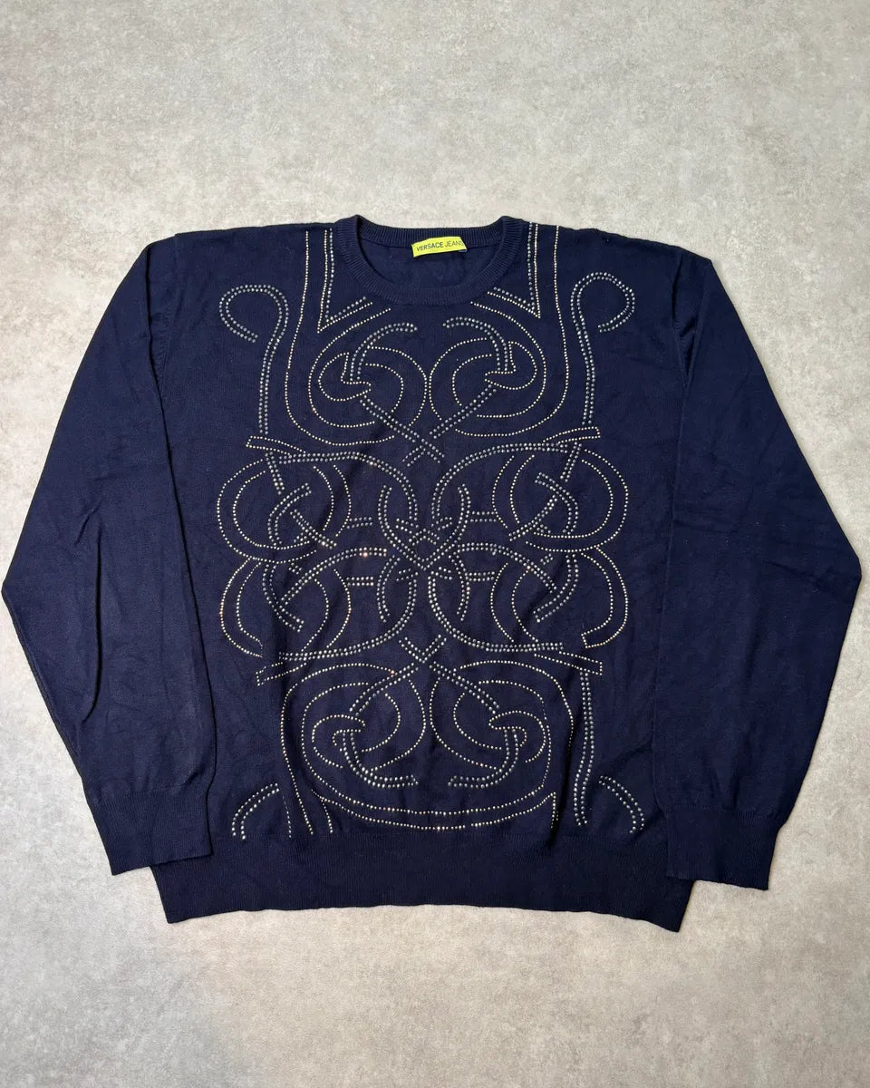 Versace Navy Cotton Rhinestone Embellished Sweater nlPHlXi 0