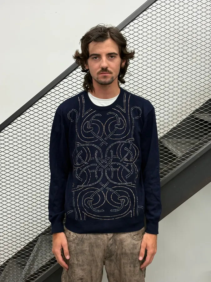 Versace Navy Cotton Rhinestone Embellished Sweater nlPHlXi 1