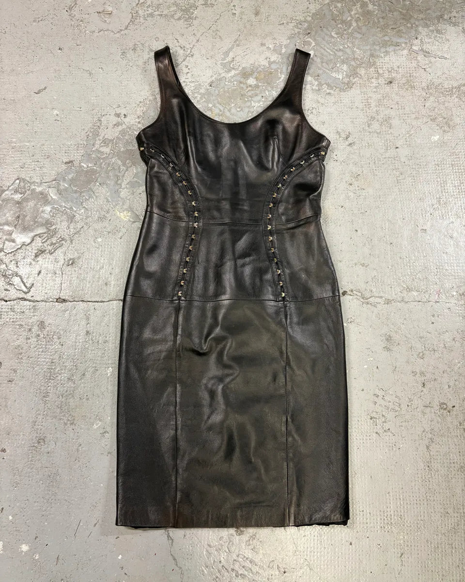 Versace Metal Hook Black Leather Dress (S) HHGugZe 0