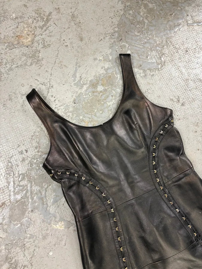 Versace Metal Hook Black Leather Dress (S) HHGugZe 5