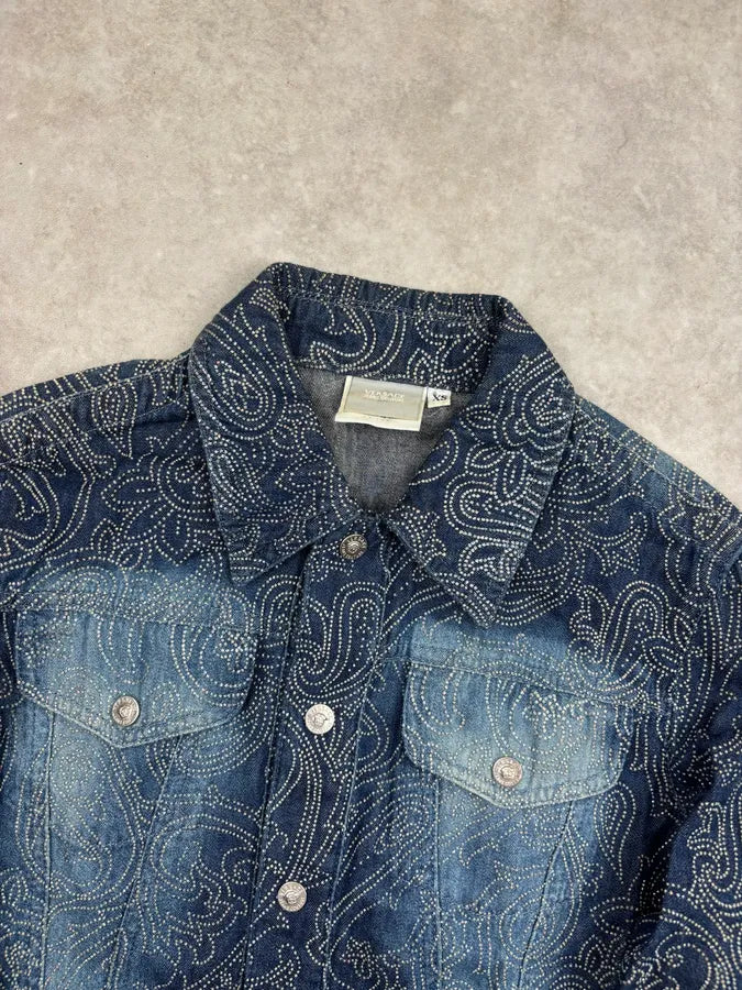 2000s Versace Navy Denim Rhinestone Studded Denim Jacket UdKAuNB 3