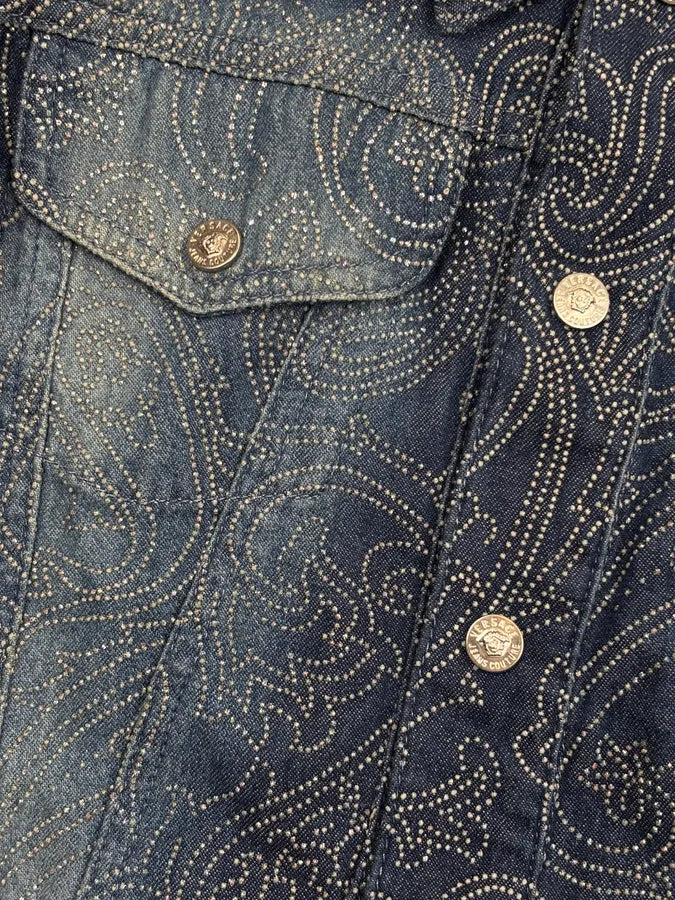 2000s Versace Navy Denim Rhinestone Studded Denim Jacket UdKAuNB 7