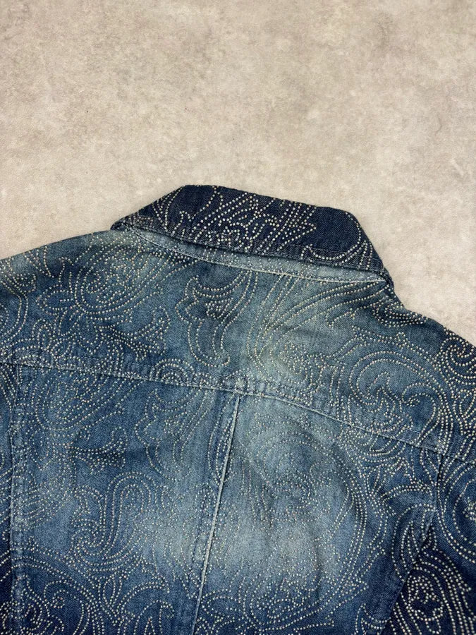 2000s Versace Navy Denim Rhinestone Studded Denim Jacket UdKAuNB 5