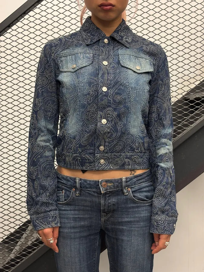 2000s Versace Navy Denim Rhinestone Studded Denim Jacket UdKAuNB 0