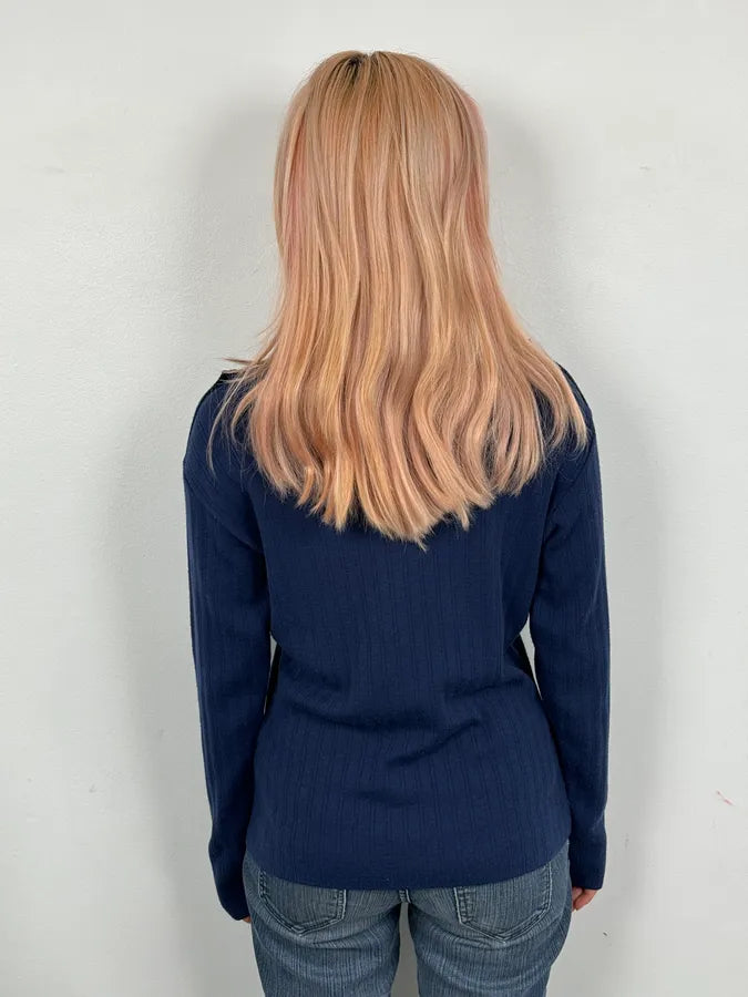Versace Navy Flat Wool Longsleeve Polo Vwoqpyq 2