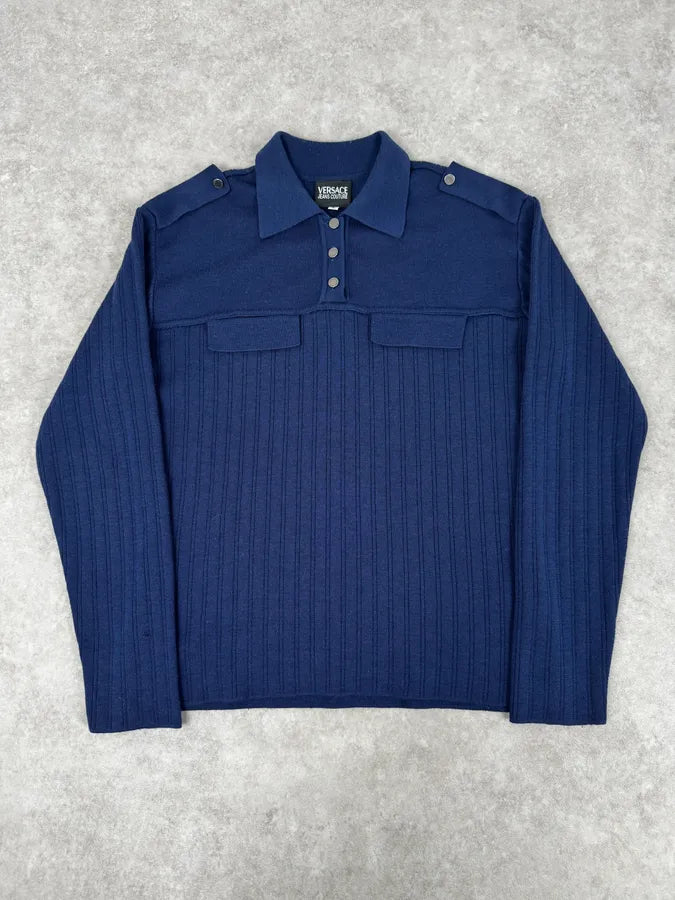 Versace Navy Flat Wool Longsleeve Polo Vwoqpyq 0