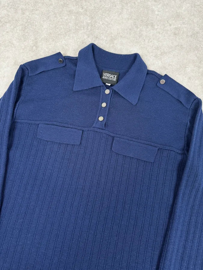 Versace Navy Flat Wool Longsleeve Polo Vwoqpyq 4