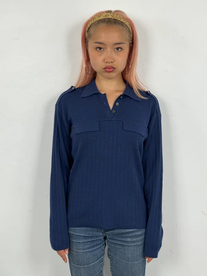 Versace Navy Flat Wool Longsleeve Polo Vwoqpyq 1